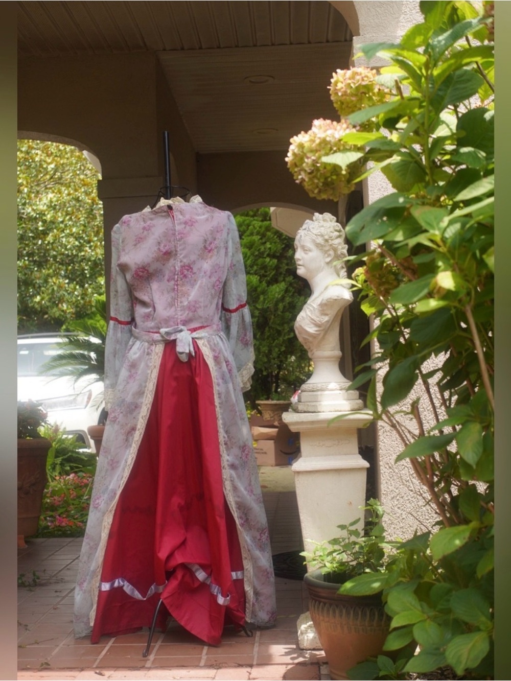 Romantic Floral Renaissance Dress with Red Corset | Victorian Fairy Tale Gown - Picture 6 of 6